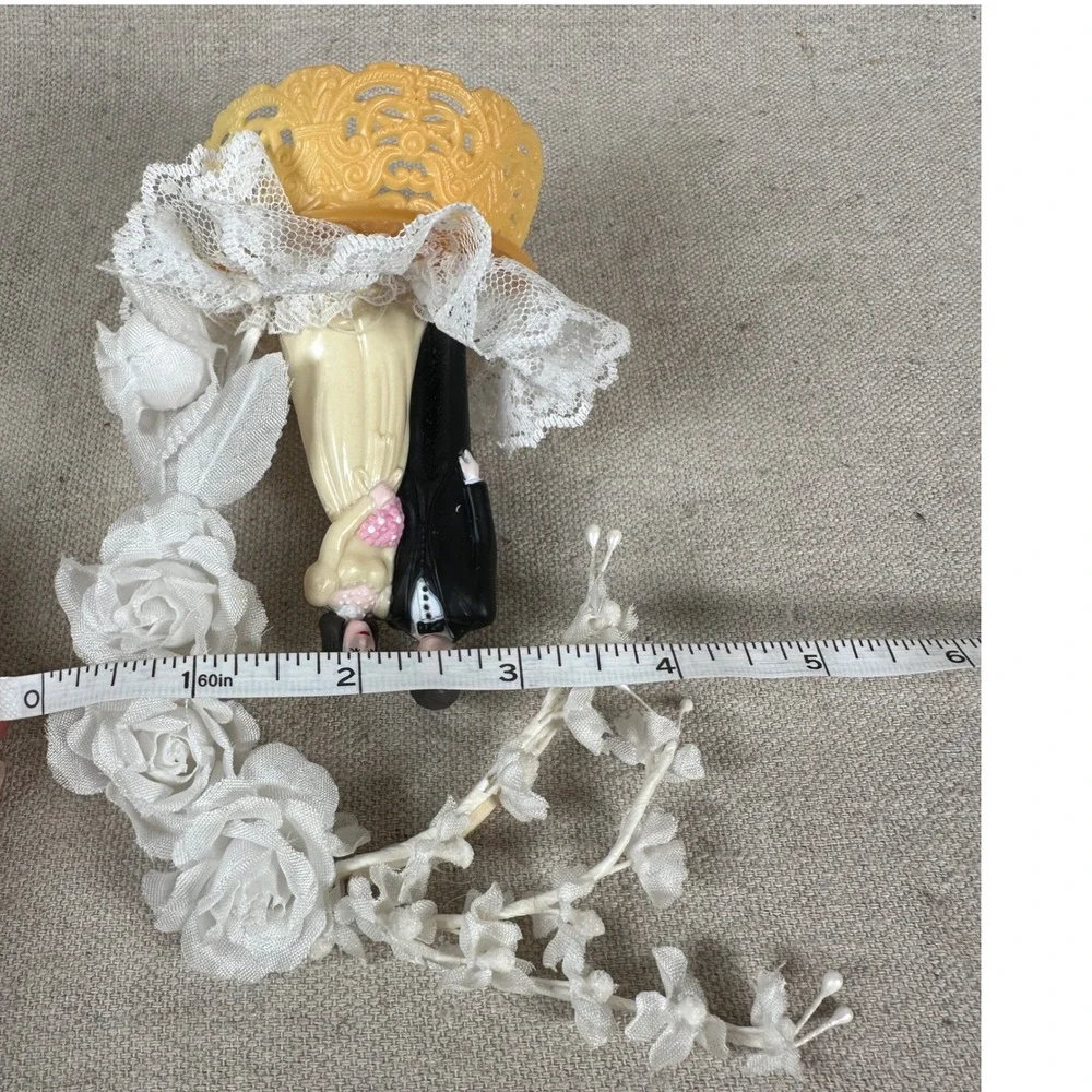 Vintage Bride and Groom Wedding Cake Topper Floral Arch Lace Base 6 Inch